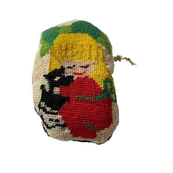 Vintage Needlepoint Ornament Girl With Scotty Dog Wind Up Music Jingle Bells - Picture 2 of 12